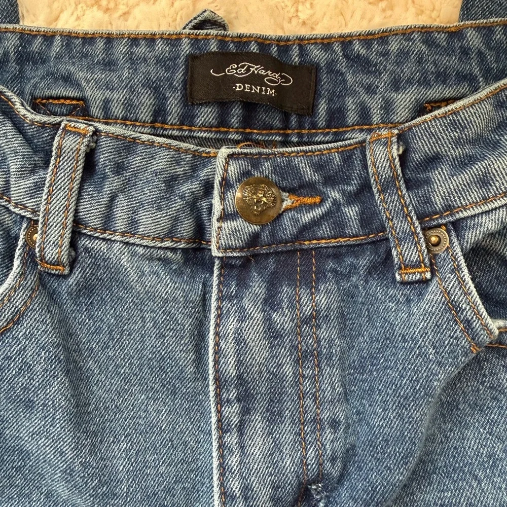Ed Hardy Blue Wide Extra Baggy Jeans with Graphic Designs. - Picture 4 of 4